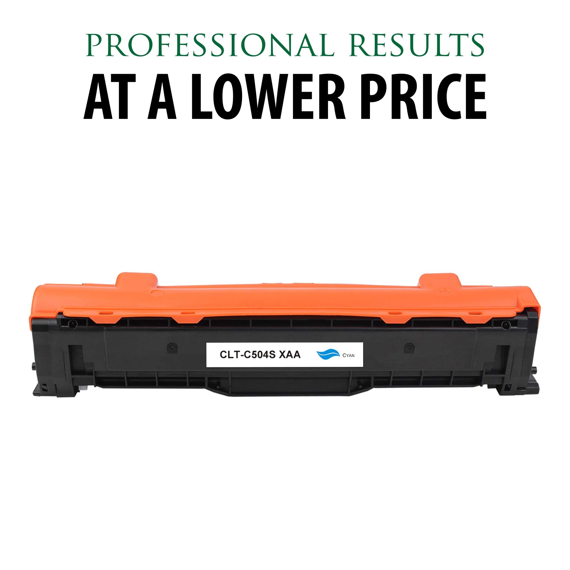 Cyan toner cartridge with orange top and black body, side profile