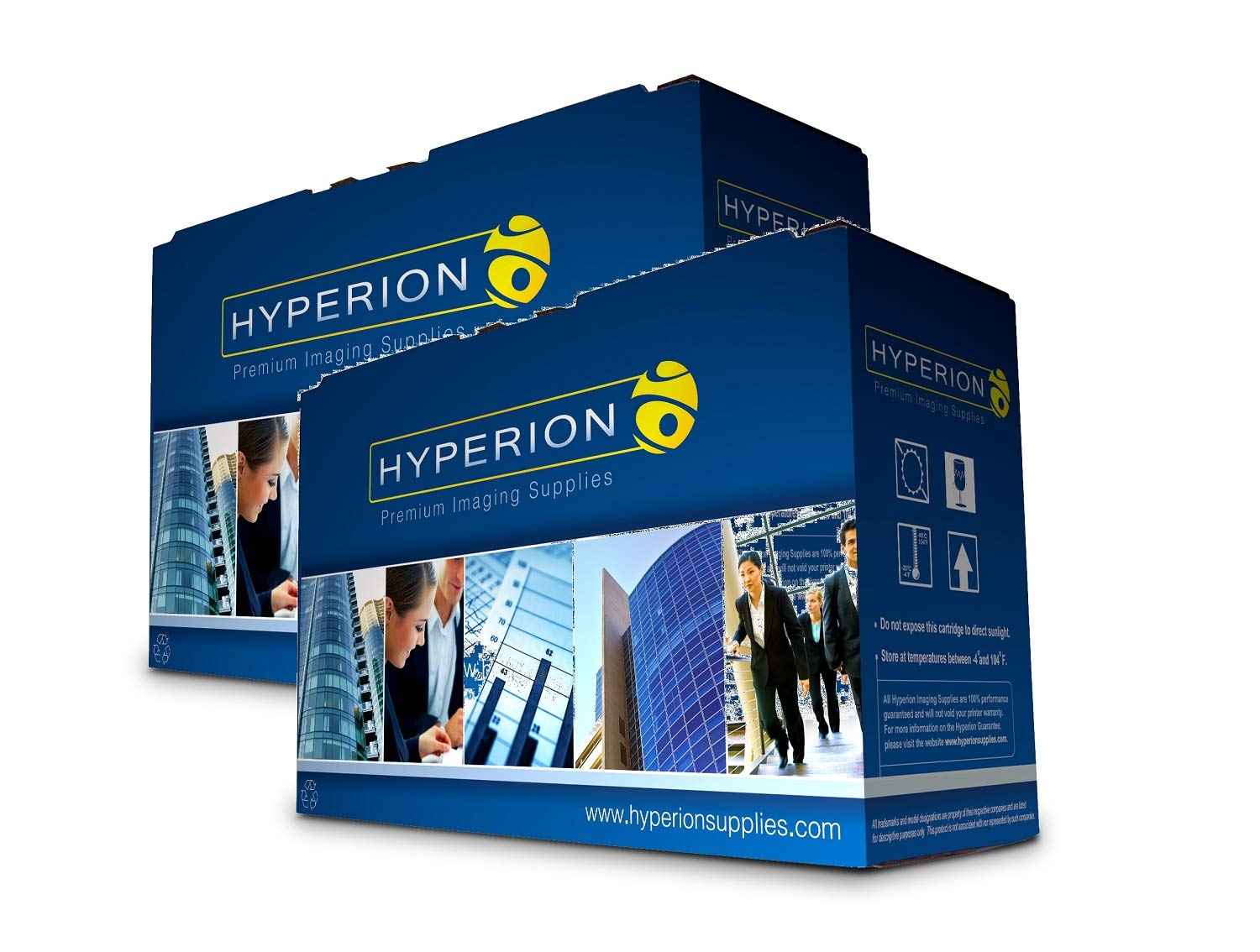 Packaging view of blue toner cartridge boxes with graphics and text for HP Laserjet M602/M603/M4555