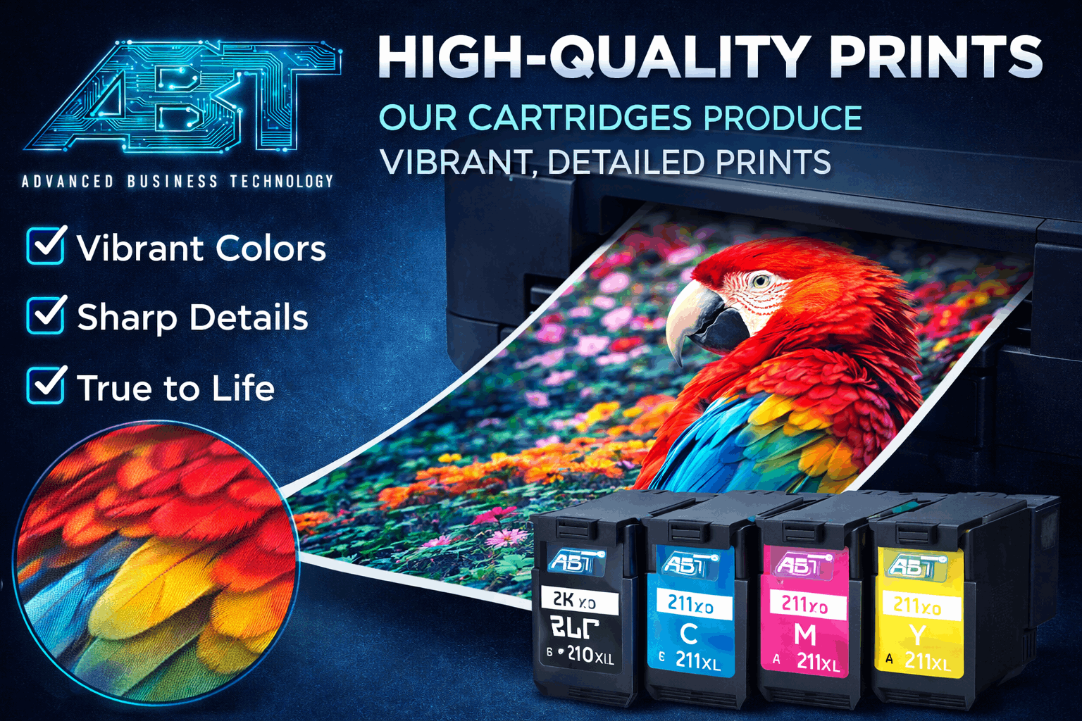 High-quality prints displayed with vivid colors and sharp details, featuring blue, red, and yellow tones.