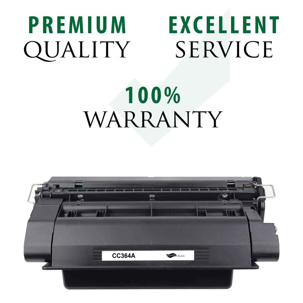 Black toner cartridge with CC364A label, full-width front view