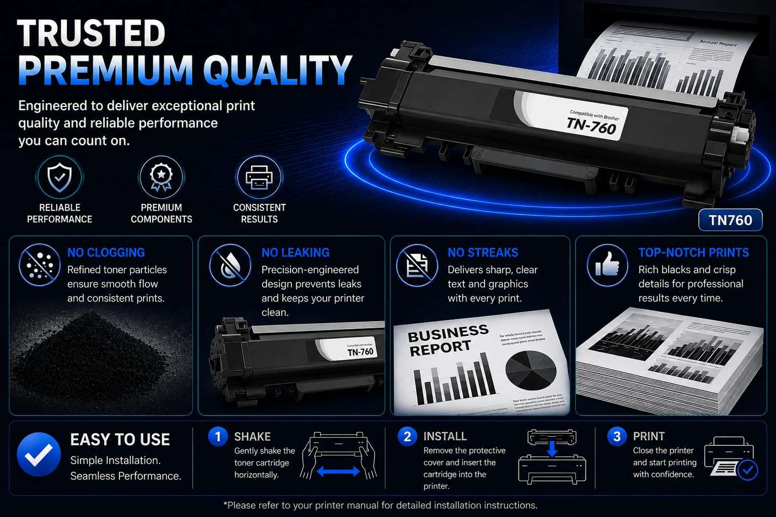 Packaging view of a single black TN760 toner cartridge showcasing promotional information.