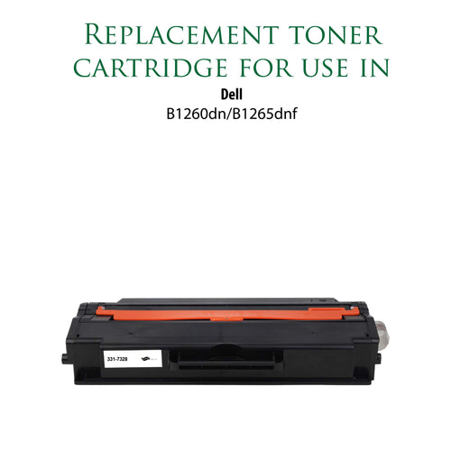 Black replacement toner cartridge for Dell printers, front view