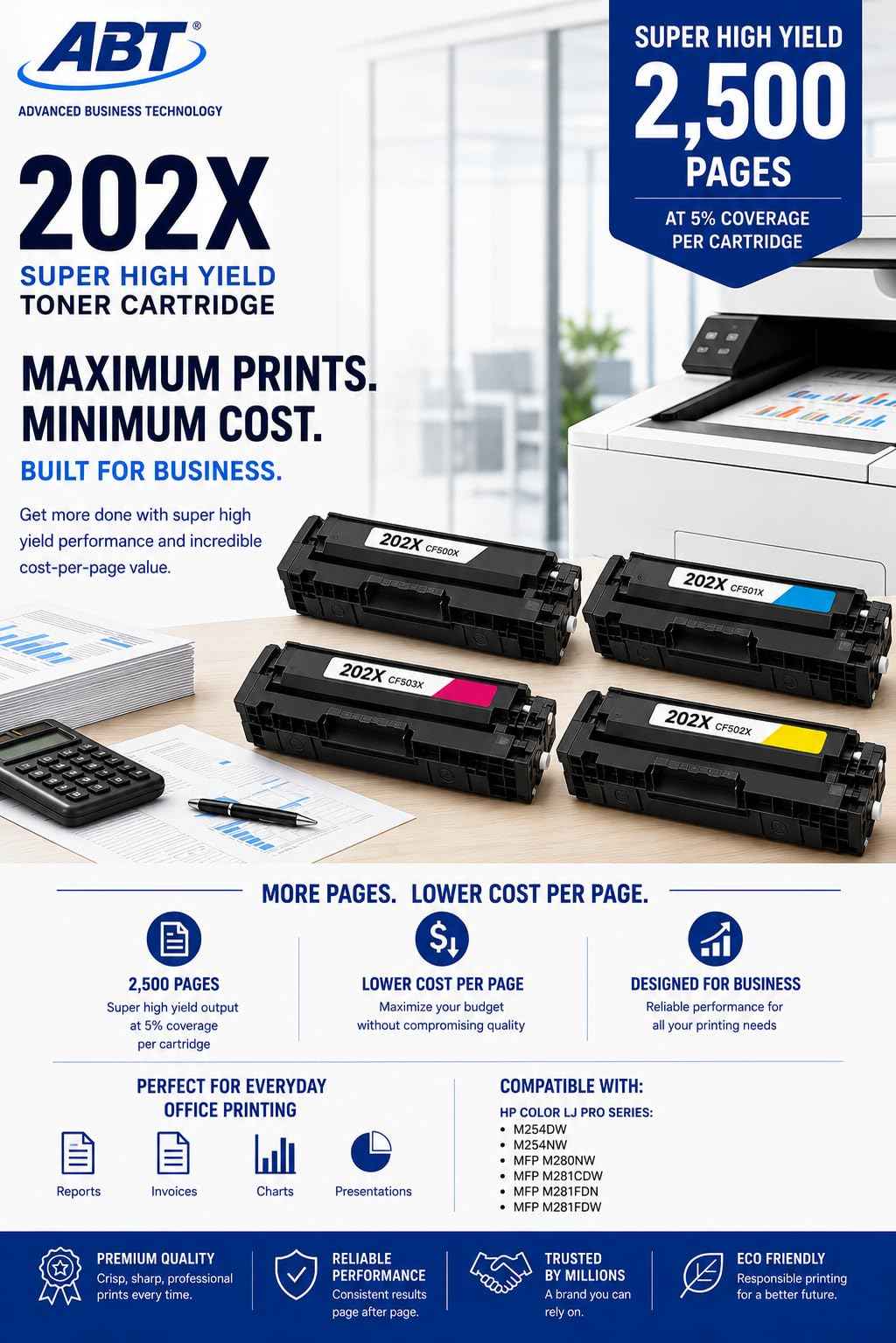 Front view of ABT compatible toner combo pack showing contents: black, cyan, yellow, magenta cartridges on a white backgro…