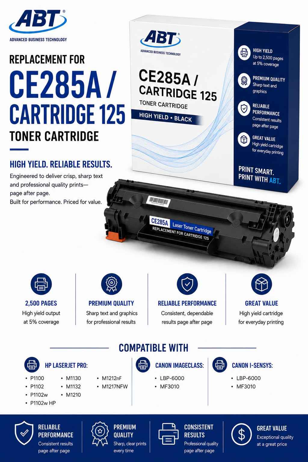 Front view of single ABT Compatible CE285A toner cartridge in black, blue, and white packaging.