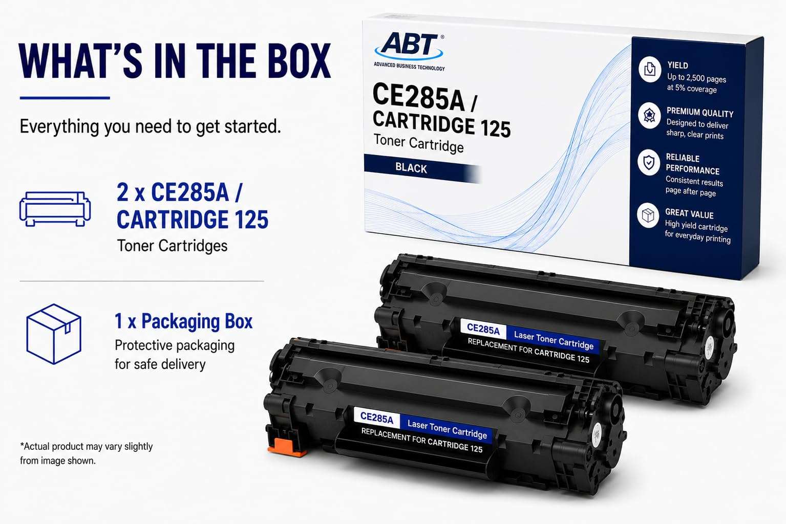 Front view of ABT compatible CE285A toner cartridges in box packaging, black color.