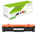 Black toner cartridge with orange housing, shown with green replacement box.