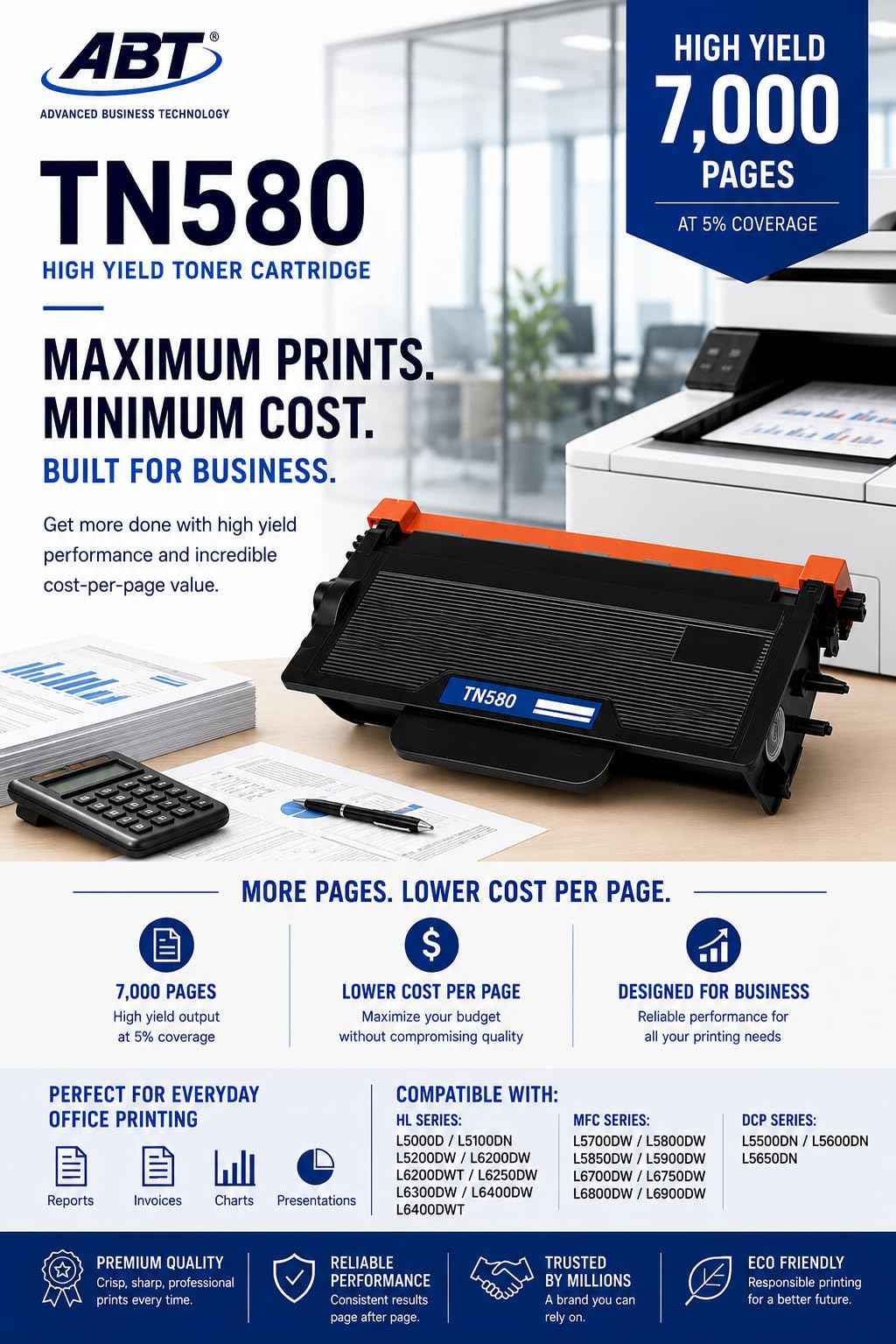 Close-up of ABT TN580 toner cartridge details, showcasing specifications and high yield features.