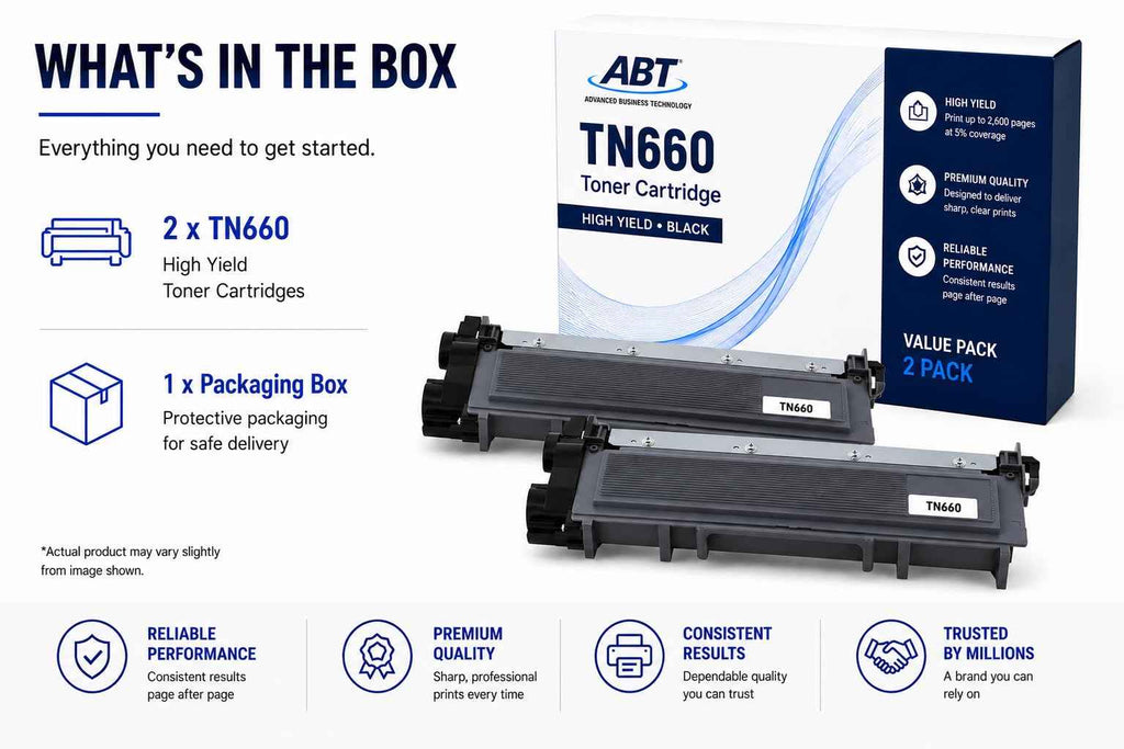 Packaging view of ABT compatible TN660 toner cartridge with information on easy installation.