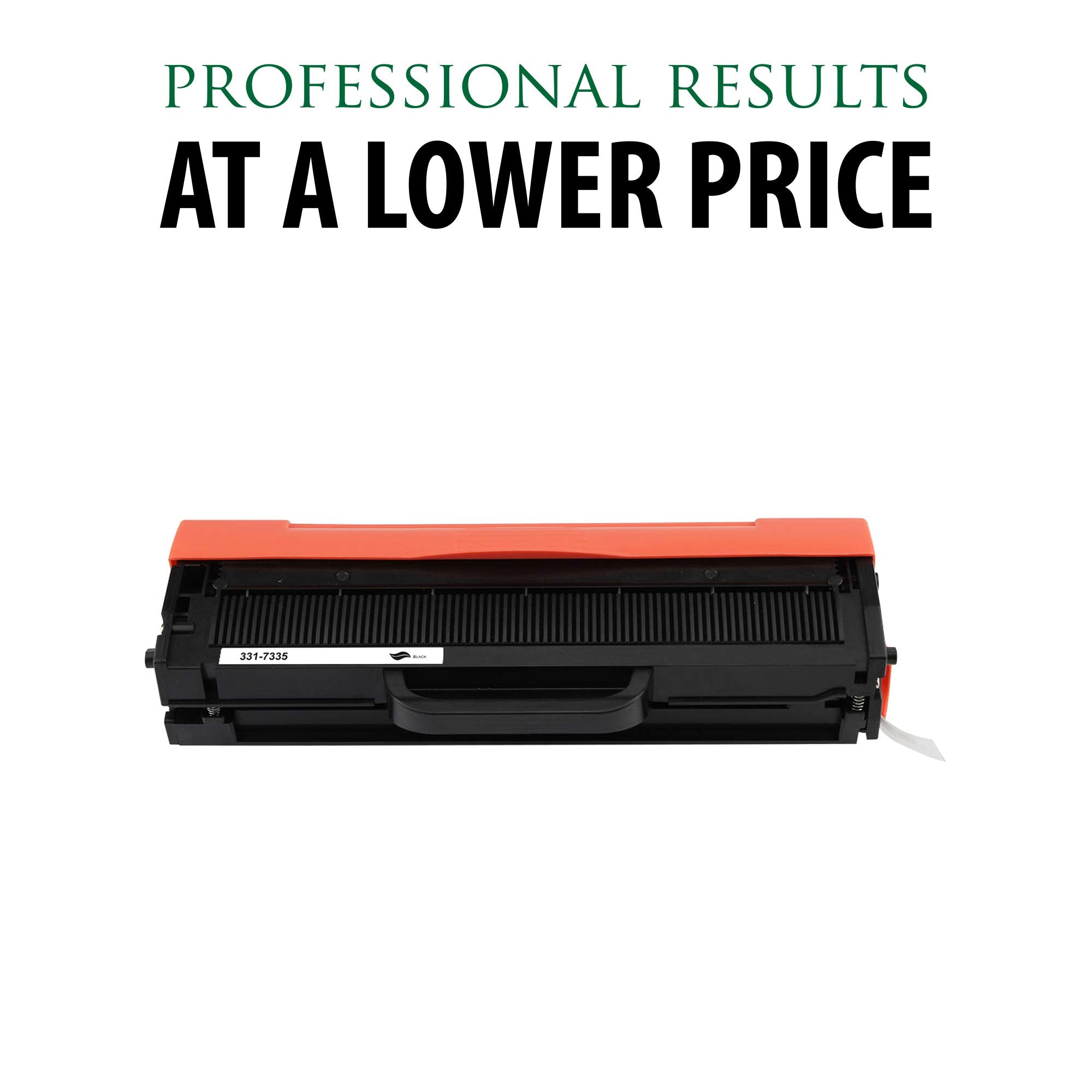 Black toner cartridge with orange top, professional results at lower price text