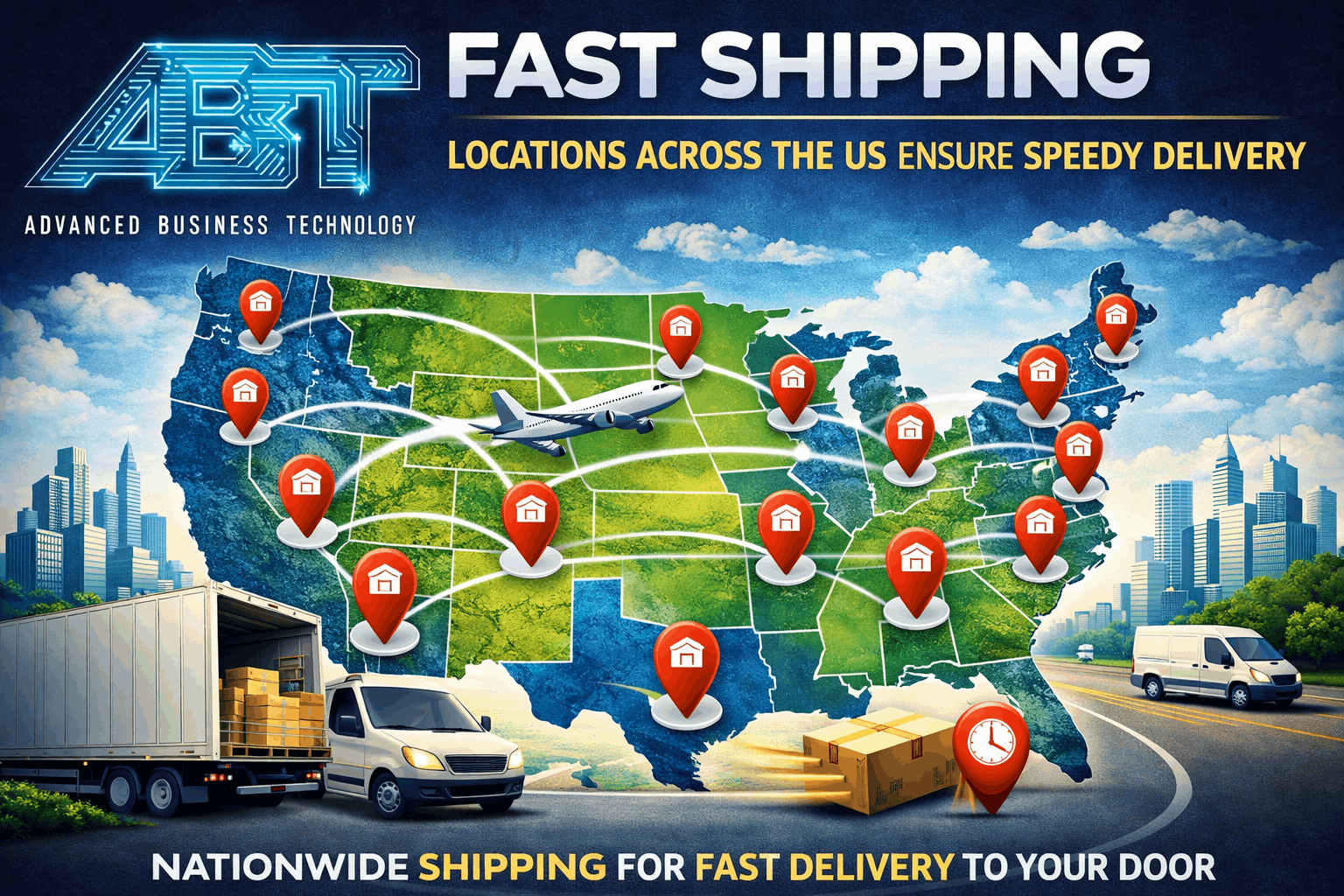 Fast shipping promotion highlighting nationwide delivery with green, blue, and yellow colors.