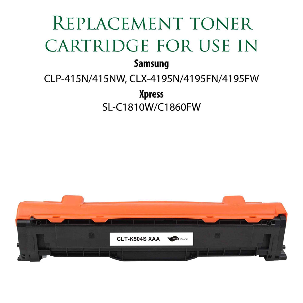 Black toner cartridge with orange top, labeled CLT-K504S XAA, front view.