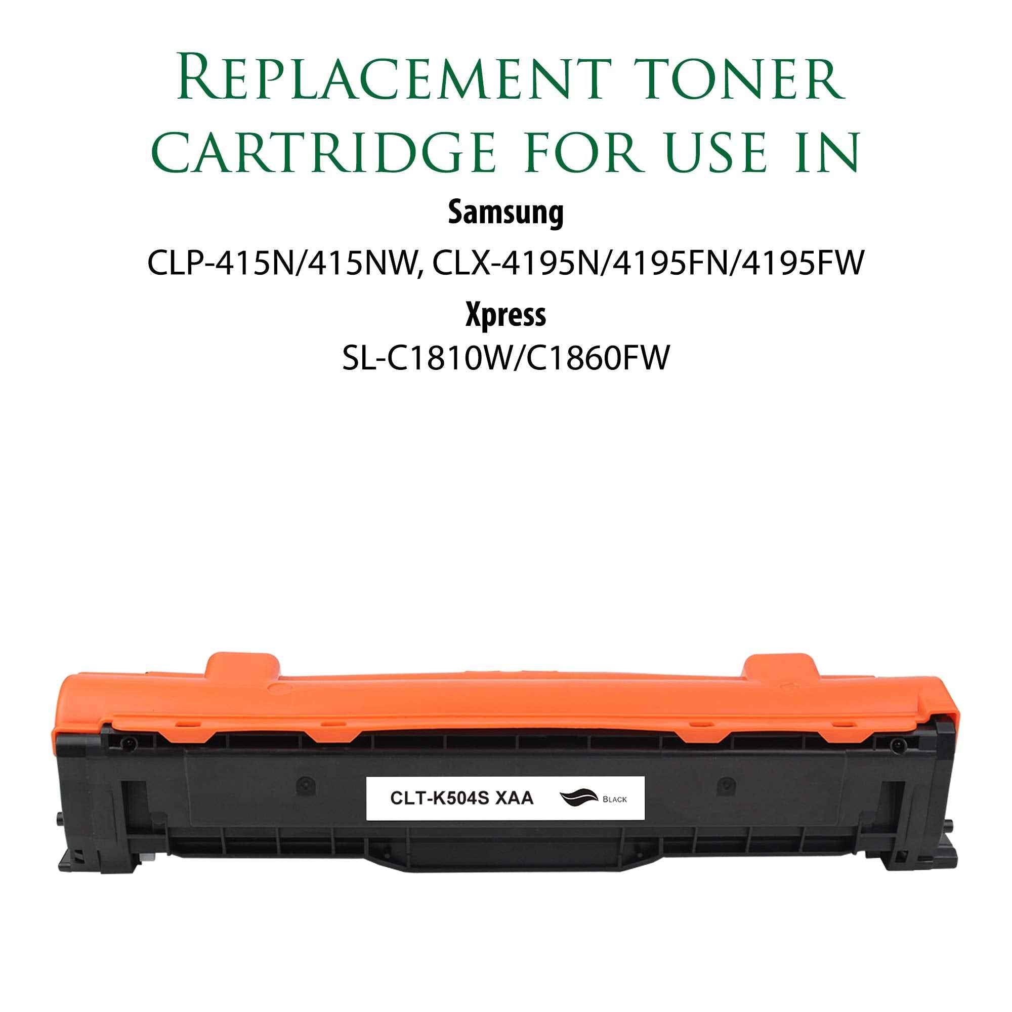 Black toner cartridge with orange top, labeled CLT-K504S XAA, front view.