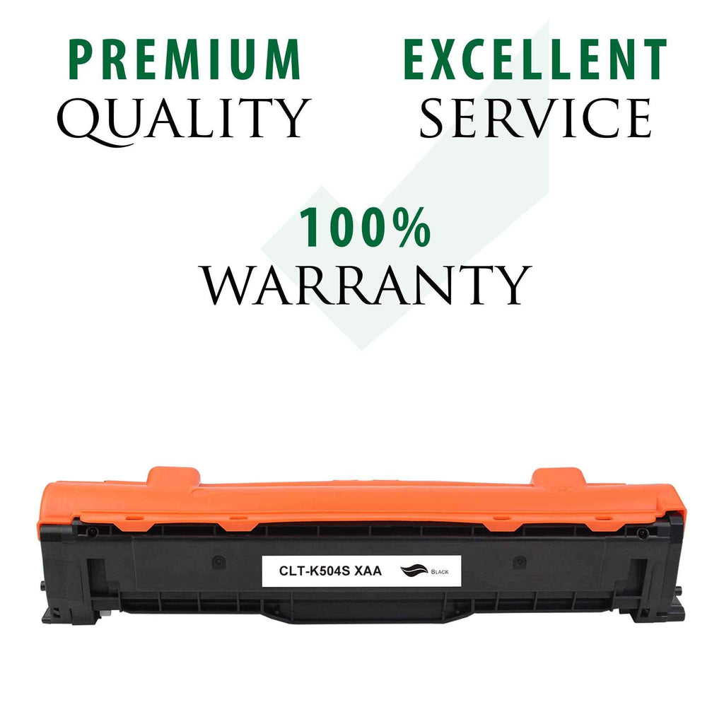 Black toner cartridge with orange top and centered label, front view.