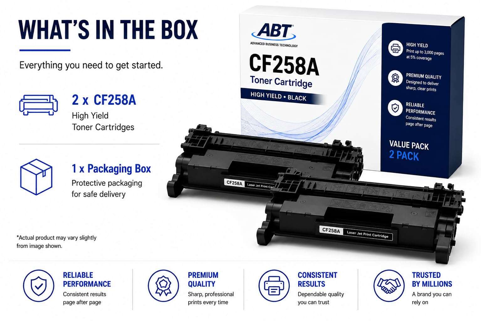 Front view of ABT compatible HP 58A CF258A toner cartridge black 2-pack packaging with branding and details.