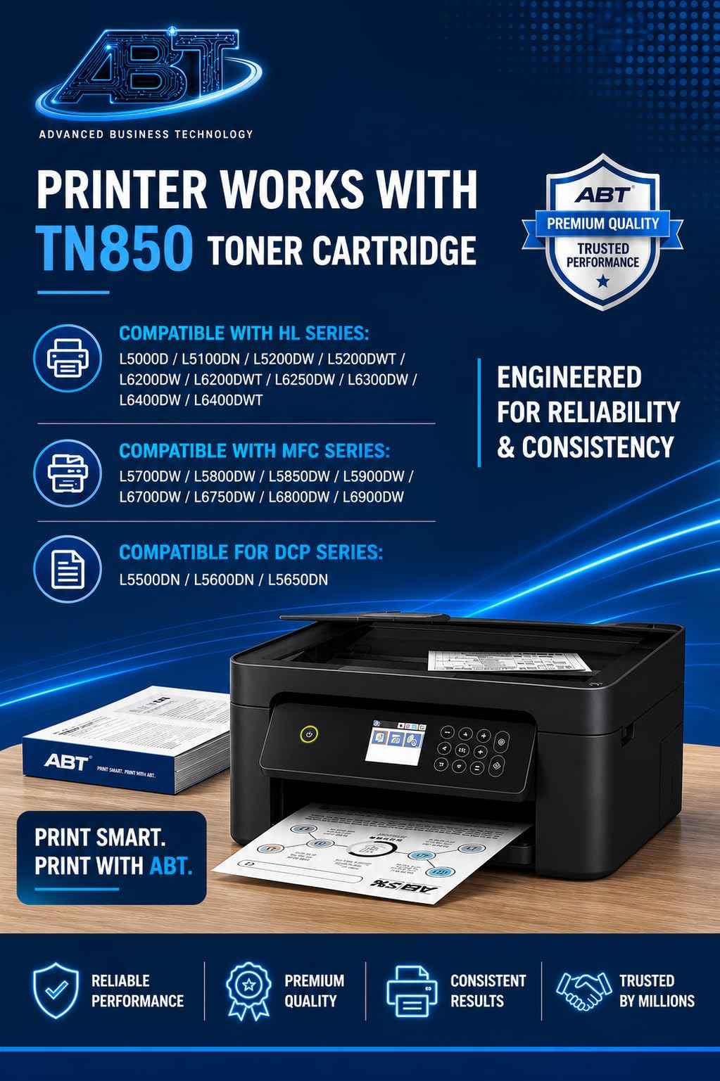 Front view of the packaging box for ABT Compatible TN850 toner cartridge and DR820 drum unit in black and orange.