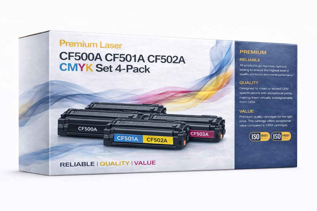 Front view of ABT compatible toner combo pack featuring four cartridges: black, cyan, yellow, magenta on a white background.