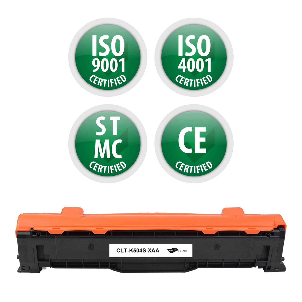 Black toner cartridge with orange top, with ISO certification badges above.