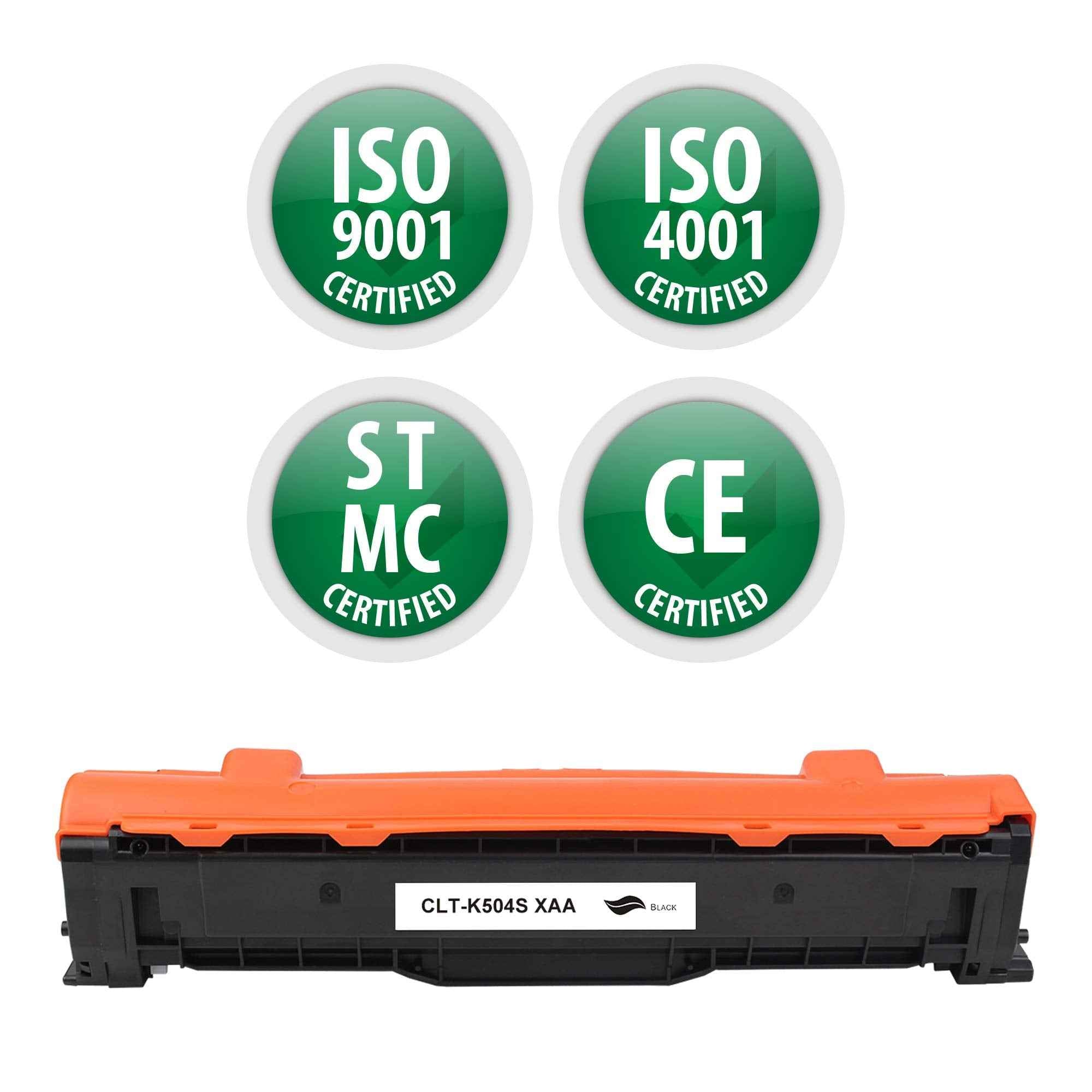 Black toner cartridge with orange top, with ISO certification badges above.