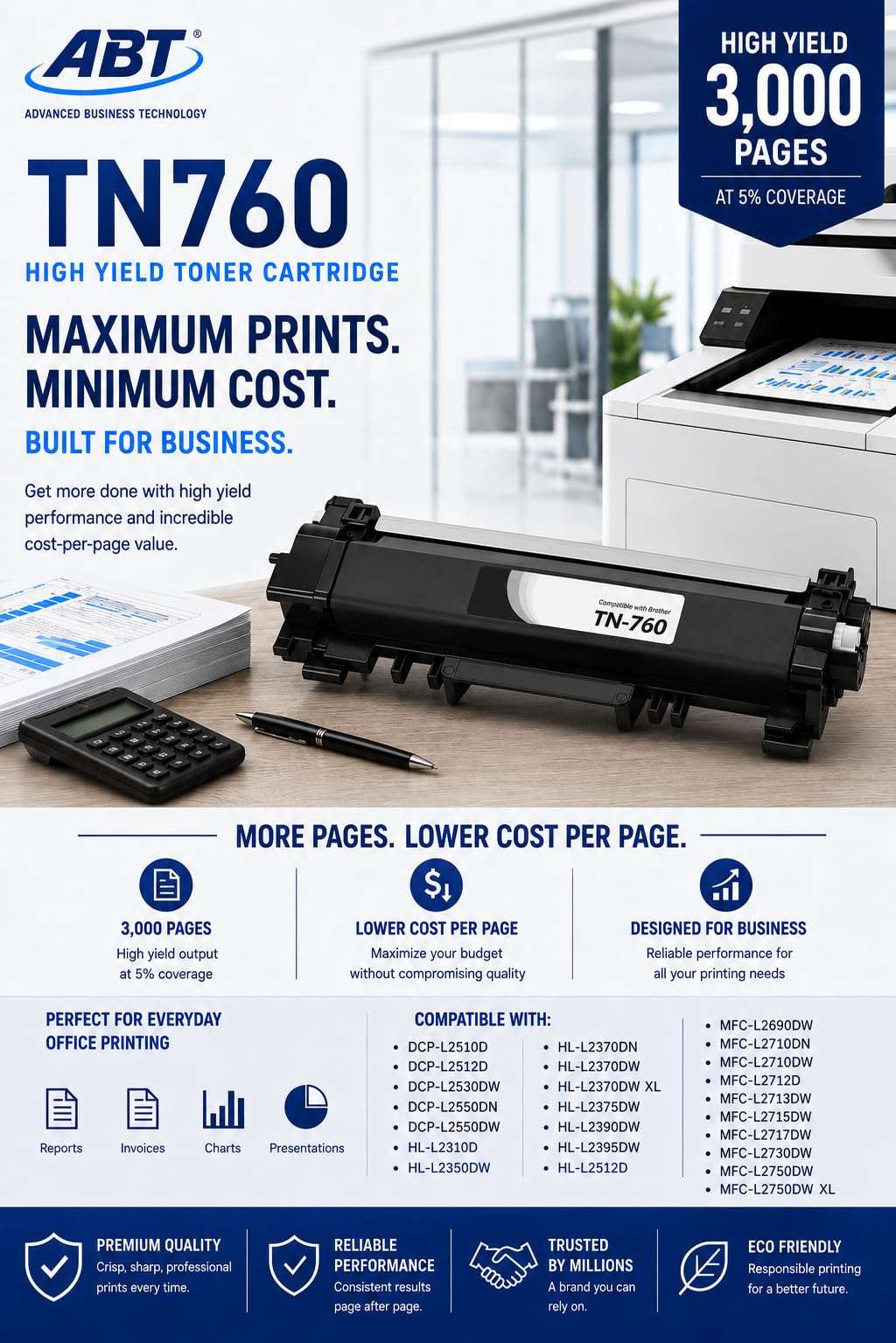 Packaging view of a single black TN760 toner cartridge with detailed specifications.