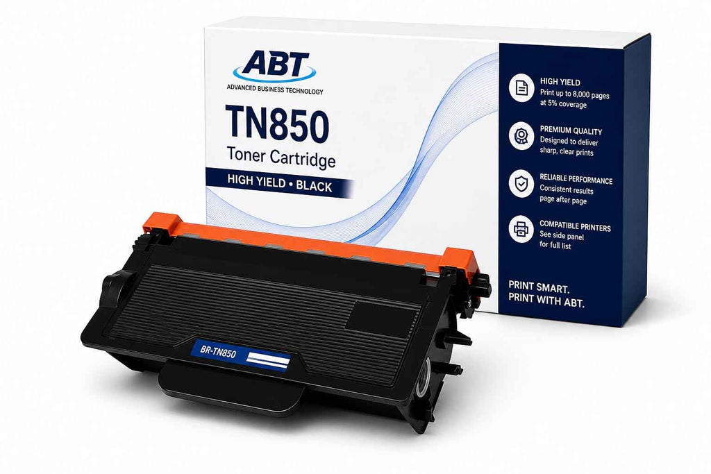 Front view of the ABT TN850 compatible toner cartridge packaging in black and orange.