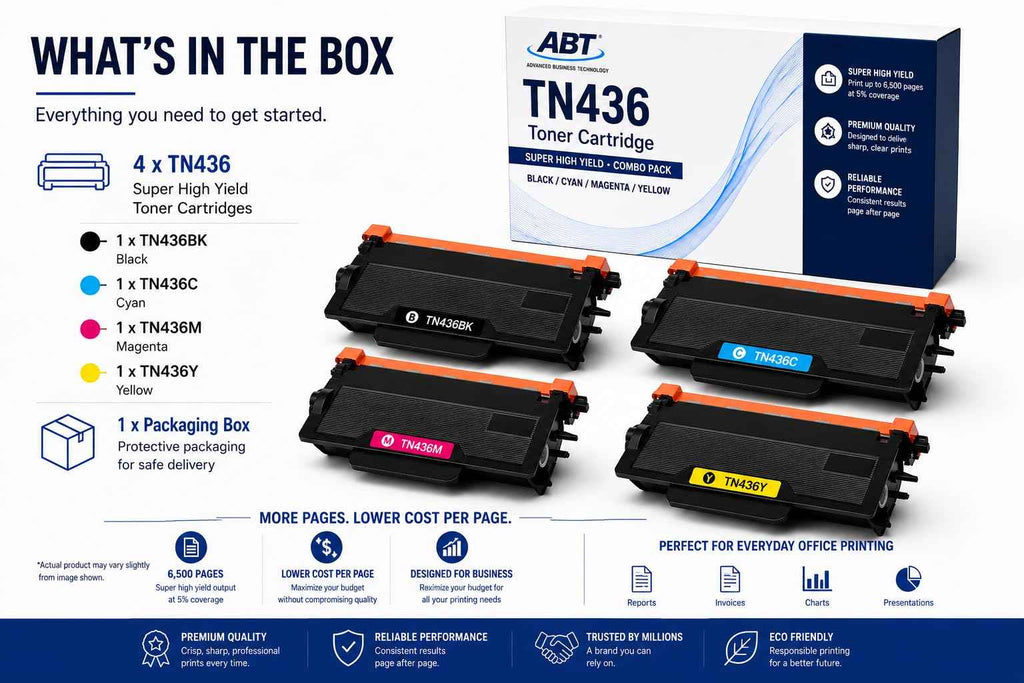 Front view of ABT TN436 toner cartridge contents showing black, cyan, magenta, and yellow cartridges with specifications o…