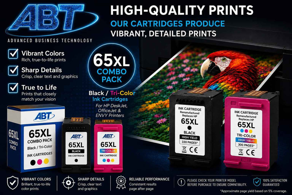 ABT Compatible 65XL Ink Cartridge Combo Pack Replacement for HP 65XL Black and Tri-Color Ink Cartridges High Yield 330 Black 300 Tri-Color Works with DeskJet 3755 2655 ENVY 5055e