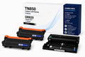 Front view of ABT compatible TN850 toner cartridge 2-pack with packaging box, black and orange colors.