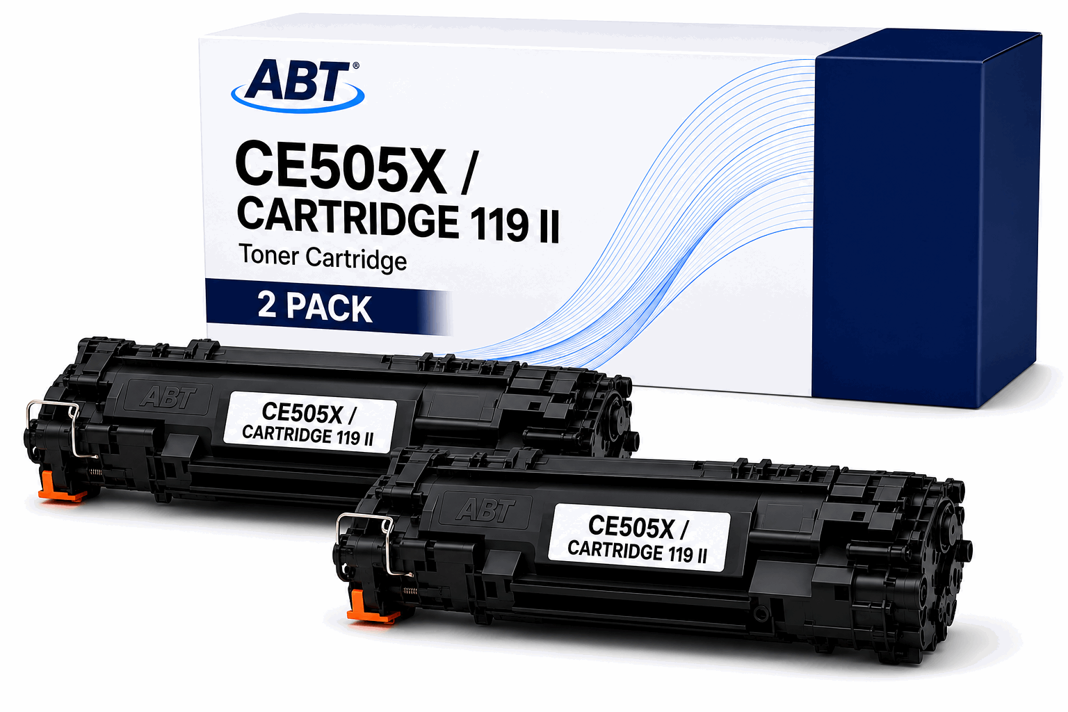 Packaging of CE505X compatible toner cartridges, two-pack, black color.