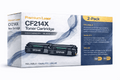 2-pack black toner cartridge set with two CF214X cartridges in retail box