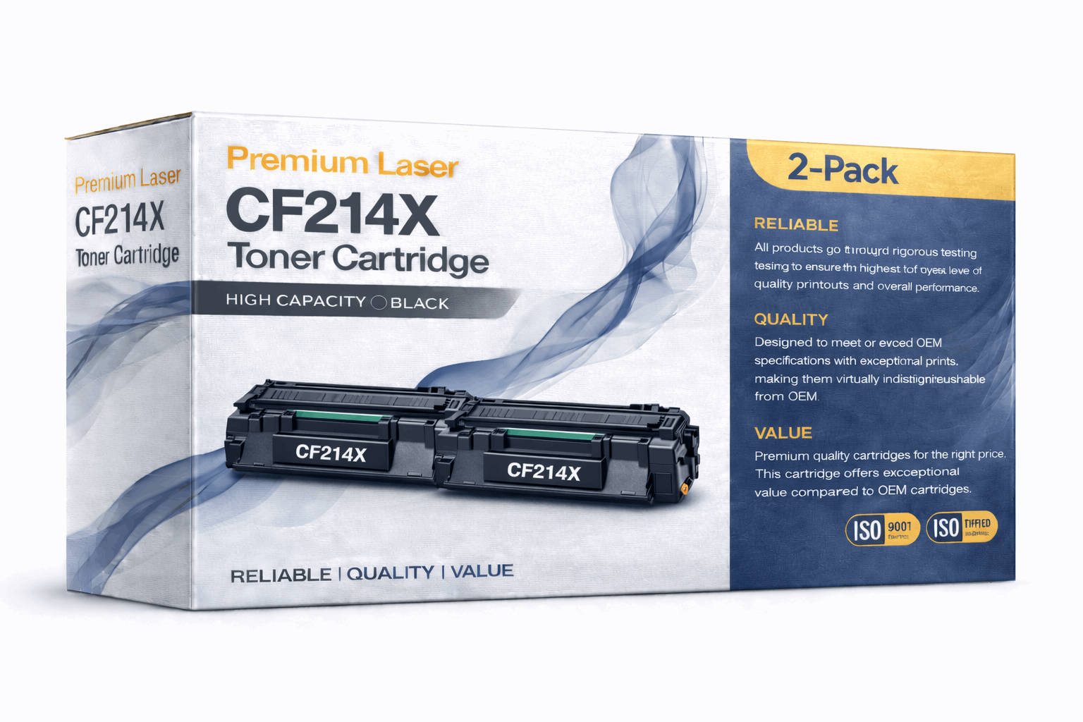 Packaging of the CF214X 2-pack black toner cartridges for HP printers, featuring two cartridges.