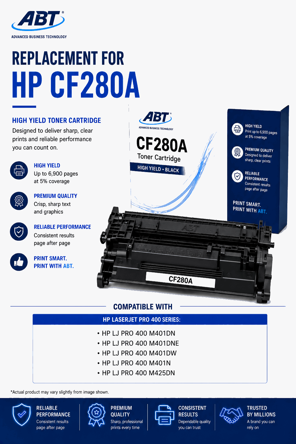 ABT Compatible CF280A Toner Cartridge Replacement for HP 80A CF280A and 80X CF280X Black Toner Cartridge with Chip Works with LJ Pro 400 M401dn M401dne M401dw M401n M425dn
