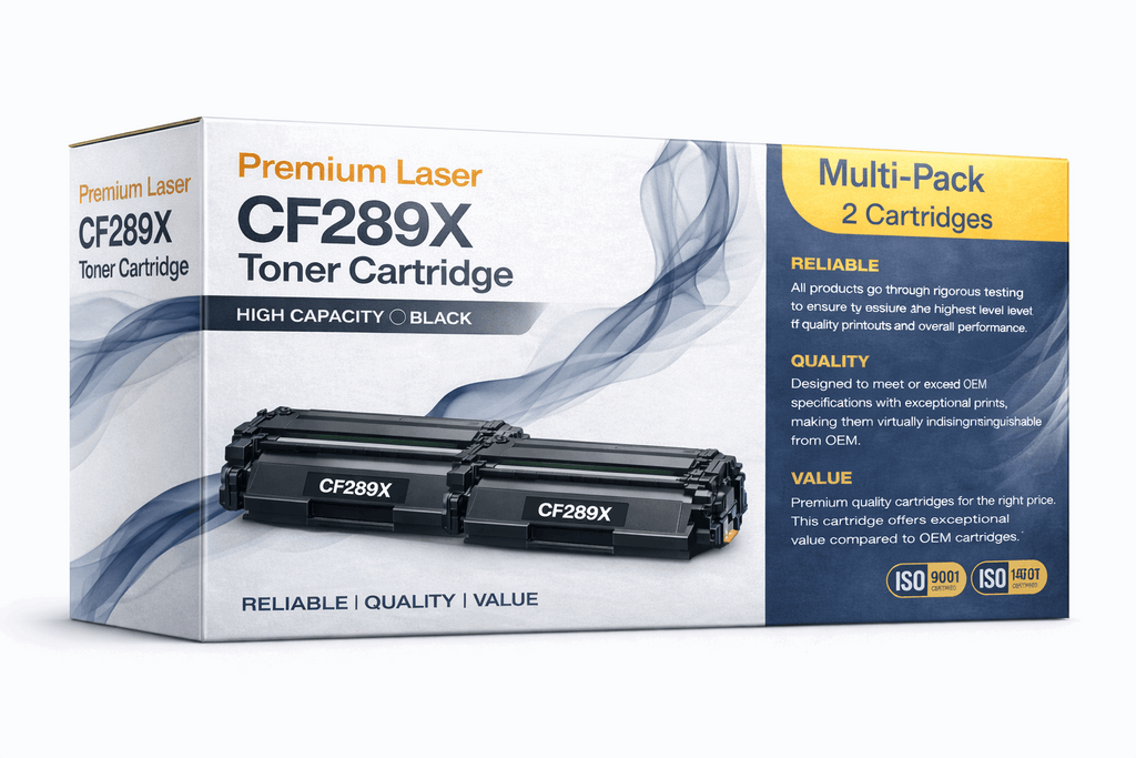 Packaging of CF289X 2-pack black toner cartridges for HP printers, featuring two cartridges and detailed information.