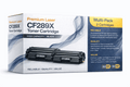 Packaging of CF289X 2-pack black toner cartridges for HP printers, featuring two cartridges and detailed information.