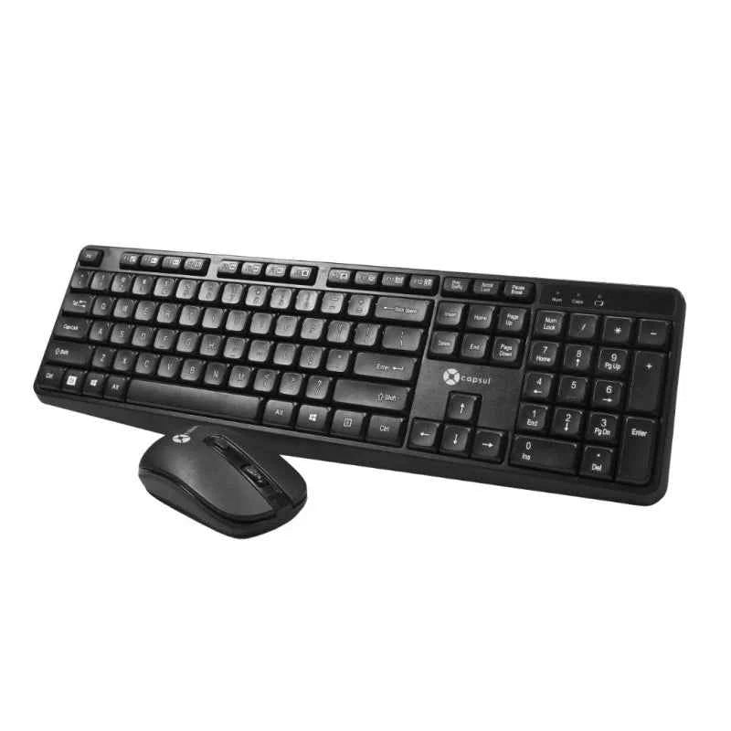 Black CAPSUL Essentials wireless keyboard and ergonomic mouse combo for office productivity on white background.