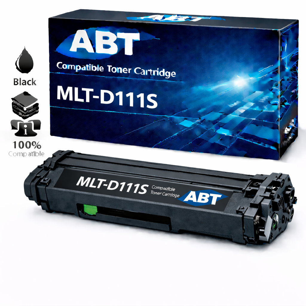 Black MLT-D111S compatible toner cartridge with ABT logo and retail box.