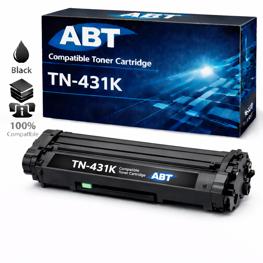Packaging of the TN431BK black toner cartridge, showcasing its compatibility and new condition.