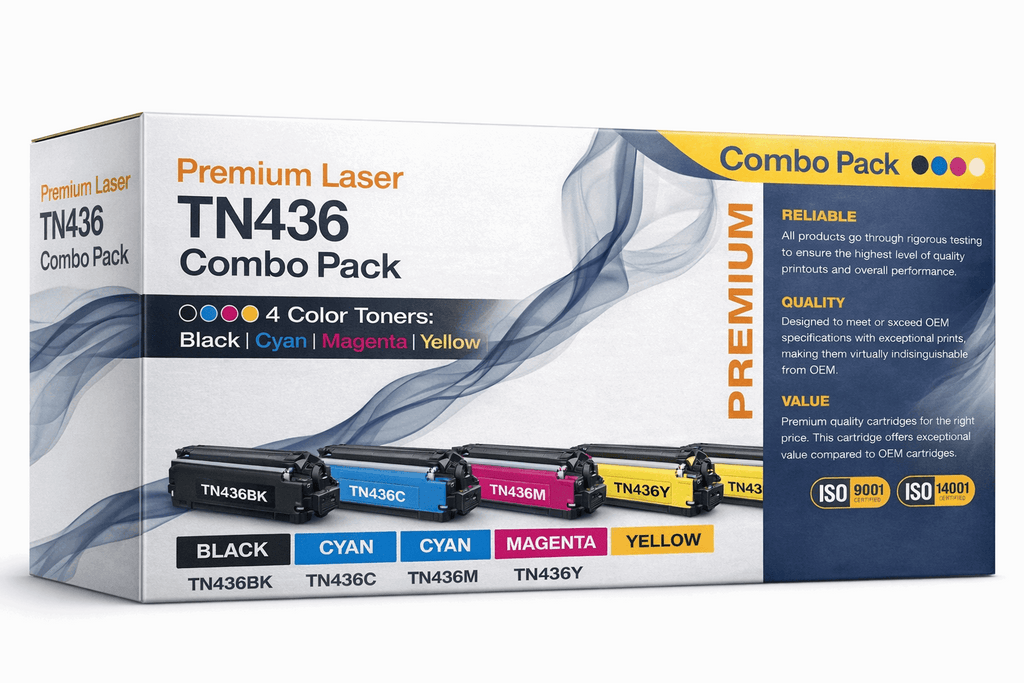 Laser toner combo pack box with four colors: black, cyan, magenta, yellow