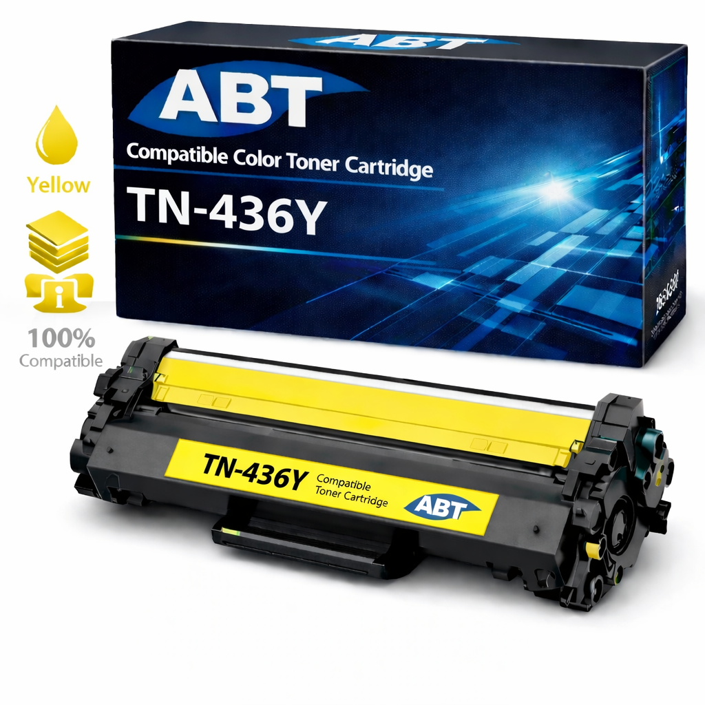 Packaging of the TN436Y high yield yellow toner cartridge with ABT branding.
