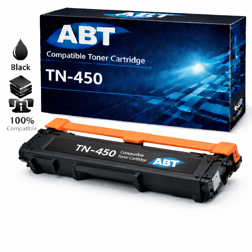 Packaging of the TN450 compatible black toner cartridge, showcasing its features and model.