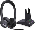 Wireless headset with dark over-ear earcups and charging base