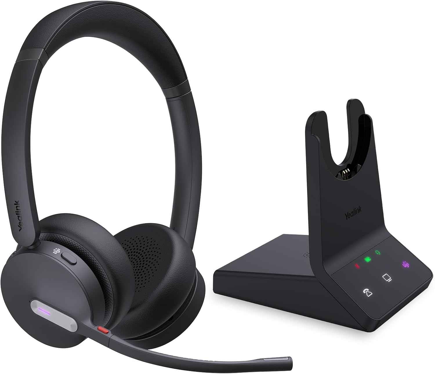 Wireless headset with dark over-ear earcups and charging base
