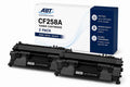 Front view of ABT compatible HP 58A CF258A toner cartridge black 2-pack packaging with specifications.