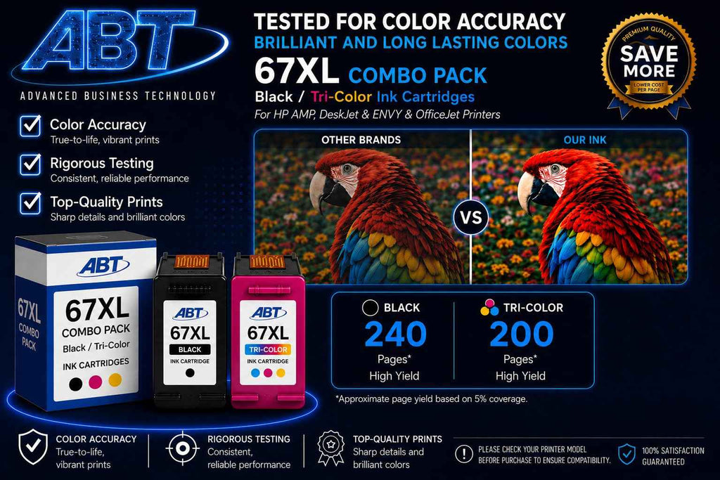 ABT Compatible 67XL Ink Cartridge Combo Pack Replacement for HP 67XL Black and Tri-Color Ink Cartridges High Yield 240 Black 200 Tri-Color Works with DeskJet 2755e ENVY 6455e
