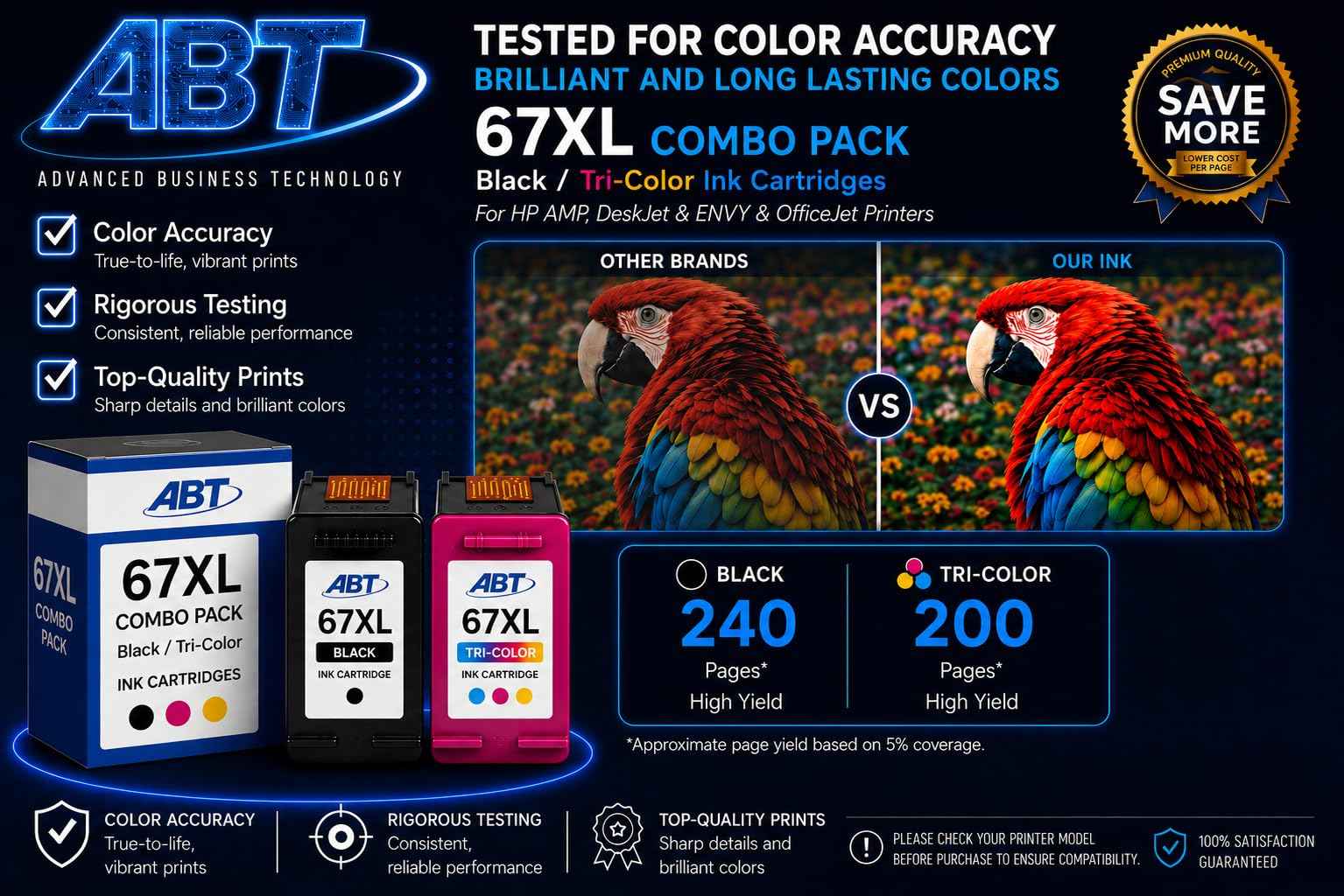 ABT Compatible 67XL Ink Cartridge Combo Pack Replacement for HP 67XL Black and Tri-Color Ink Cartridges High Yield 240 Black 200 Tri-Color Works with DeskJet 2755e ENVY 6455e