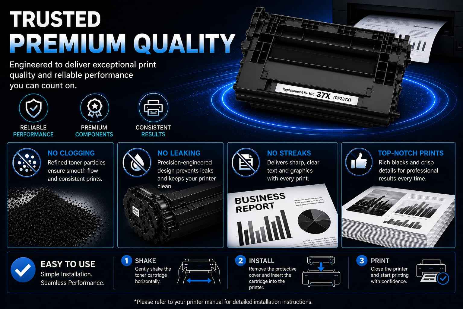 Close-up of technical specifications for the ABT compatible CF237X toner cartridge.