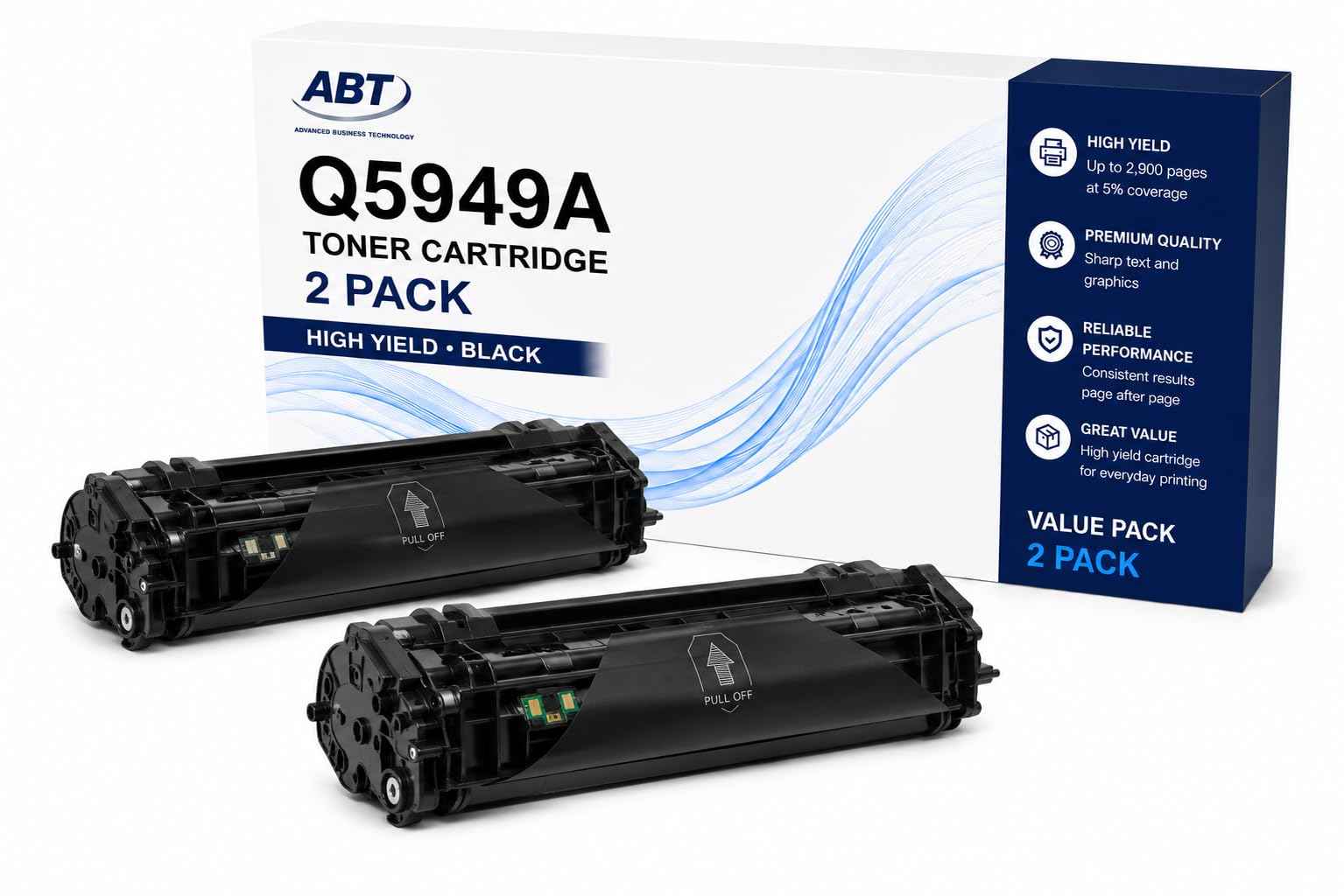 Front view of two black toner cartridges in packaging, featuring ABT branding.
