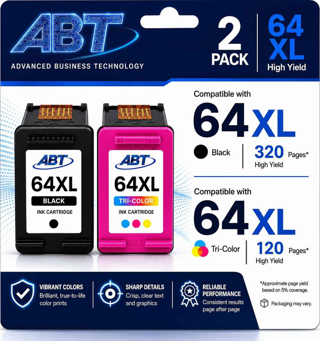 ABT Compatible 64XL Ink Cartridge Combo Pack Replacement for HP 64XL Black and Tri-Color Ink Cartridges High Yield 450 Black 415 Tri-Color Works with ENVY Photo 7855e 6255e Tango X