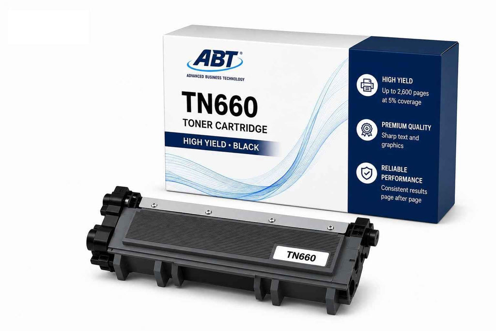 Front view of ABT TN660 high-yield black toner cartridge packaging with blue and white colors.