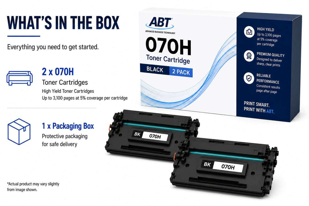 Detail shot of contents for ABT Compatible Canon 070H toner cartridge, showing two cartridges and user manual.