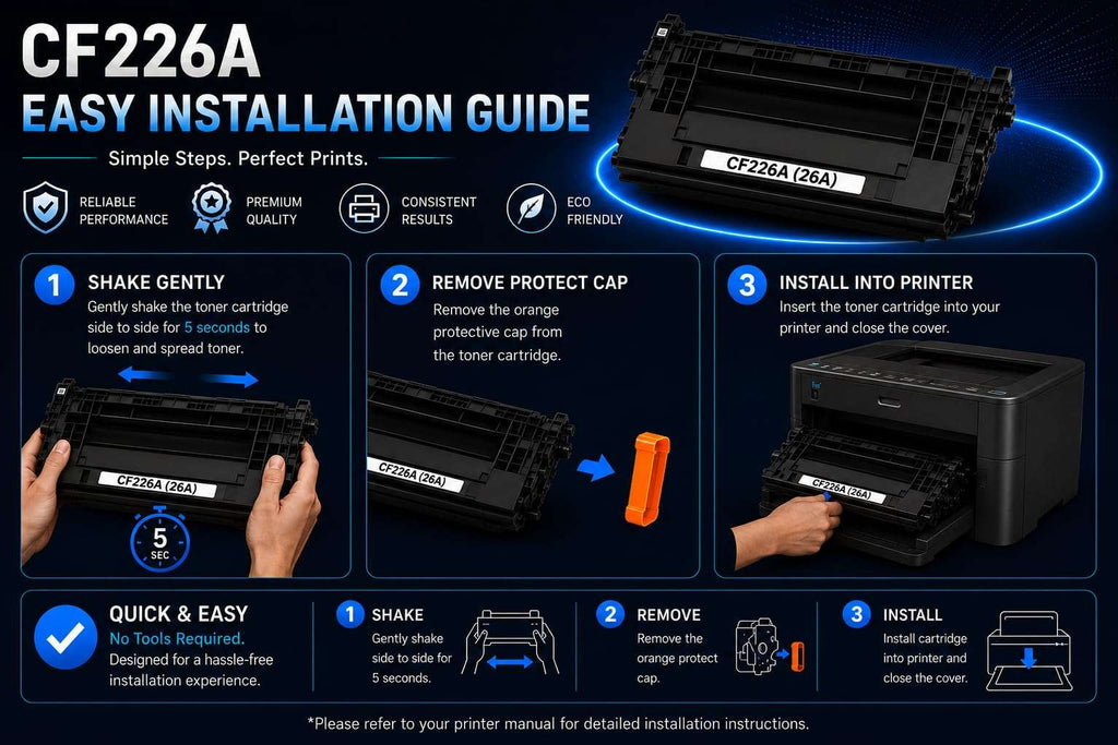 Infographic showing easy installation of ABT CF226A toner cartridges with user-friendly design and step-by-step guide.
